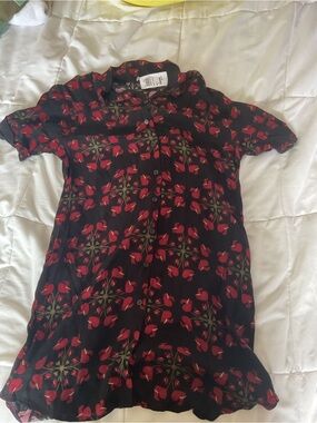 Black Floral Button-Front Women's Dress with Red Accents